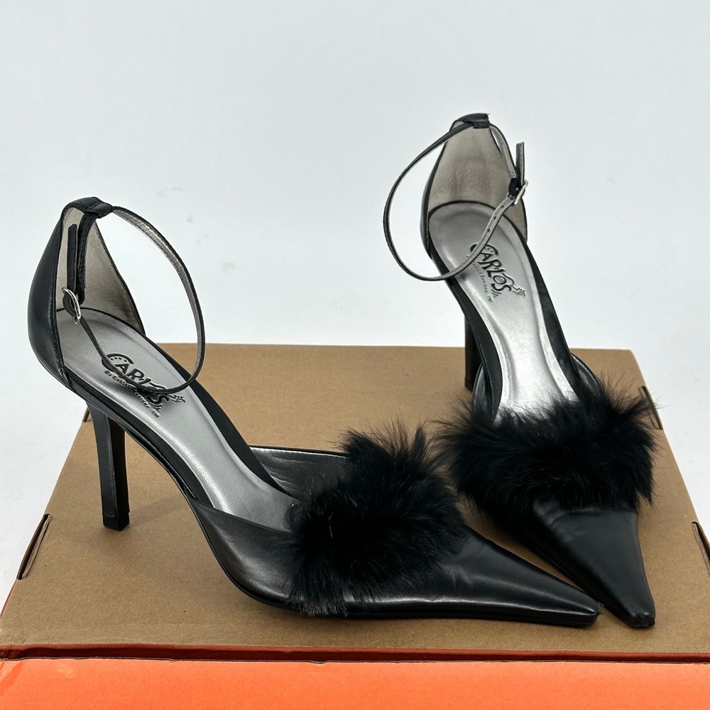 Y2K Carlos Santana Fifi Black Pointed Toe Stiletto Pump Leather Heels Fur 10 M